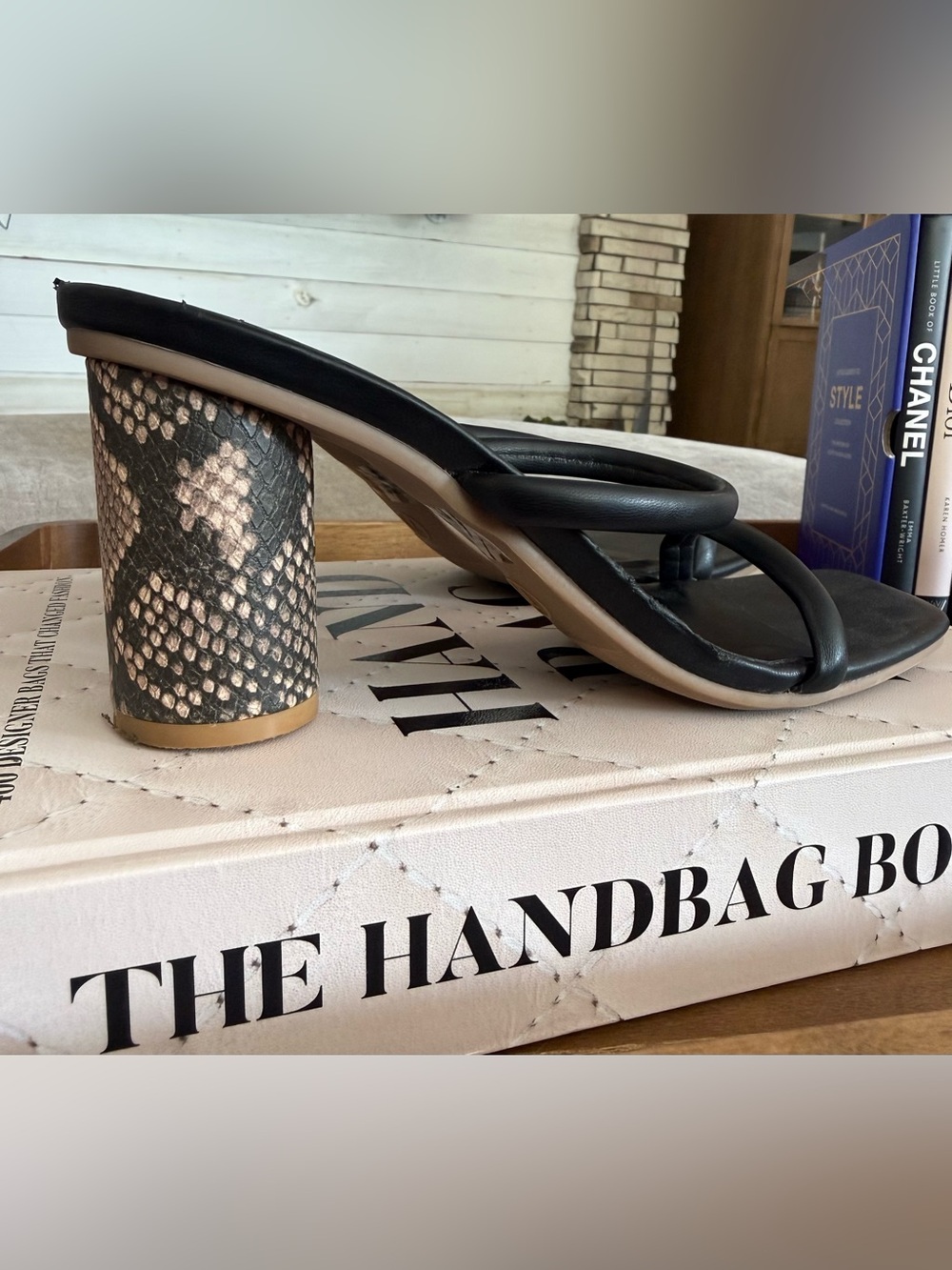 Black Strappy Mule Sandals with Snake-Print Block Heel